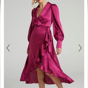 Showpo Rada long sleeve frill wrap midi dress (berry) - size 6 (us)